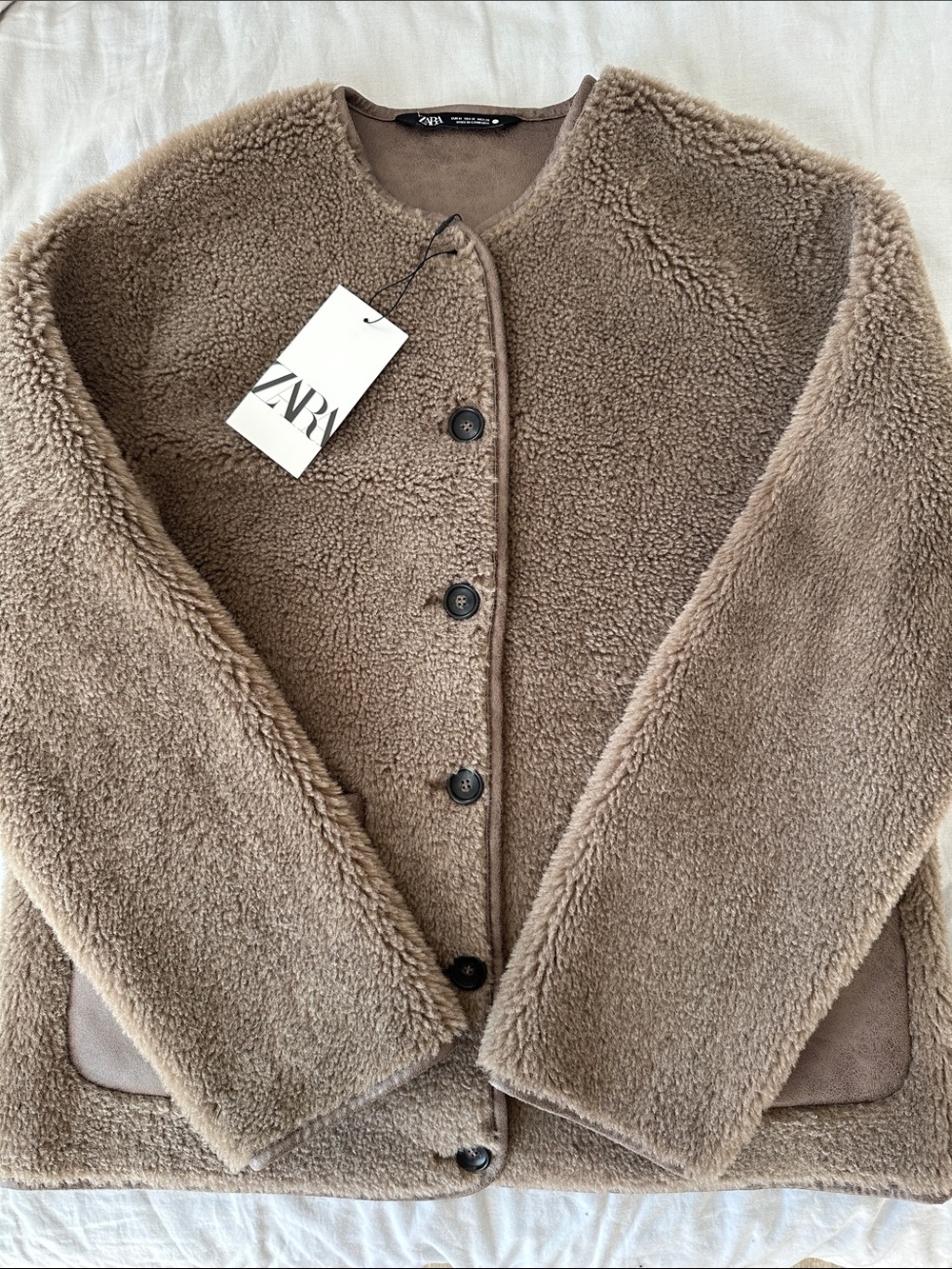 NWT Zara Taupe Plush Teddy Button Up Fleece Jacket - Picture 7 of 14